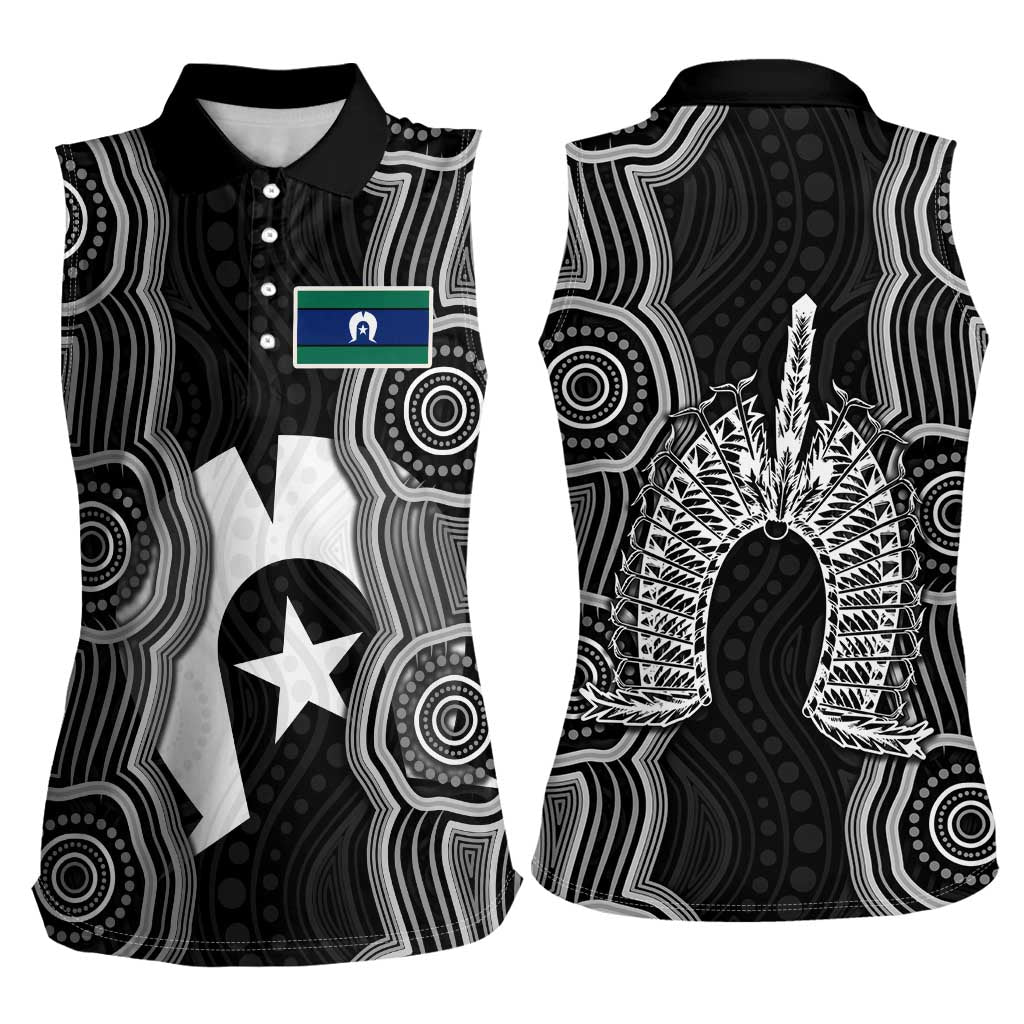 Torres Strait Islander Women Sleeveless Polo Shirt Flag Feather Headdress Indigenous Dotwork Tribal Art