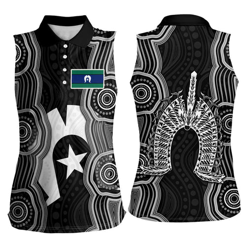 Torres Strait Islander Women Sleeveless Polo Shirt Flag Feather Headdress Indigenous Dotwork Tribal Art