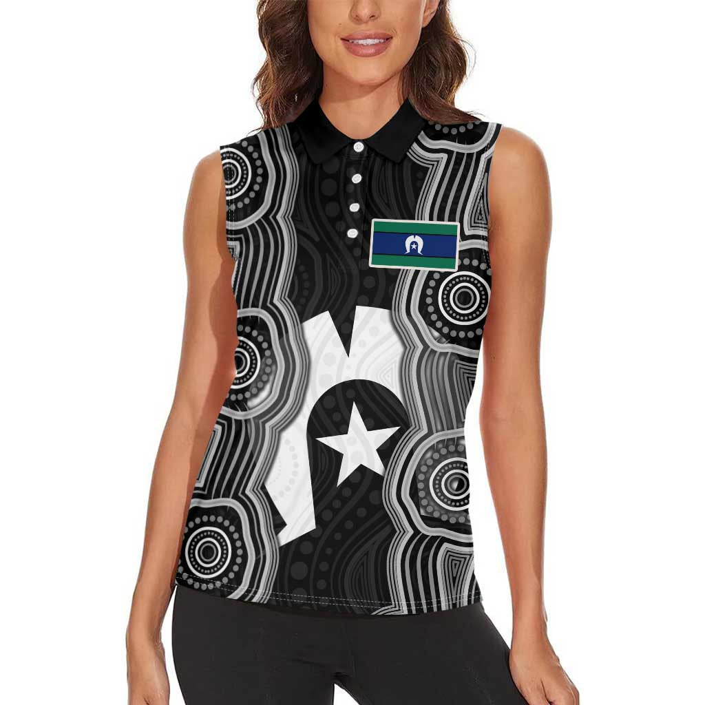 Torres Strait Islander Women Sleeveless Polo Shirt Flag Feather Headdress Indigenous Dotwork Tribal Art