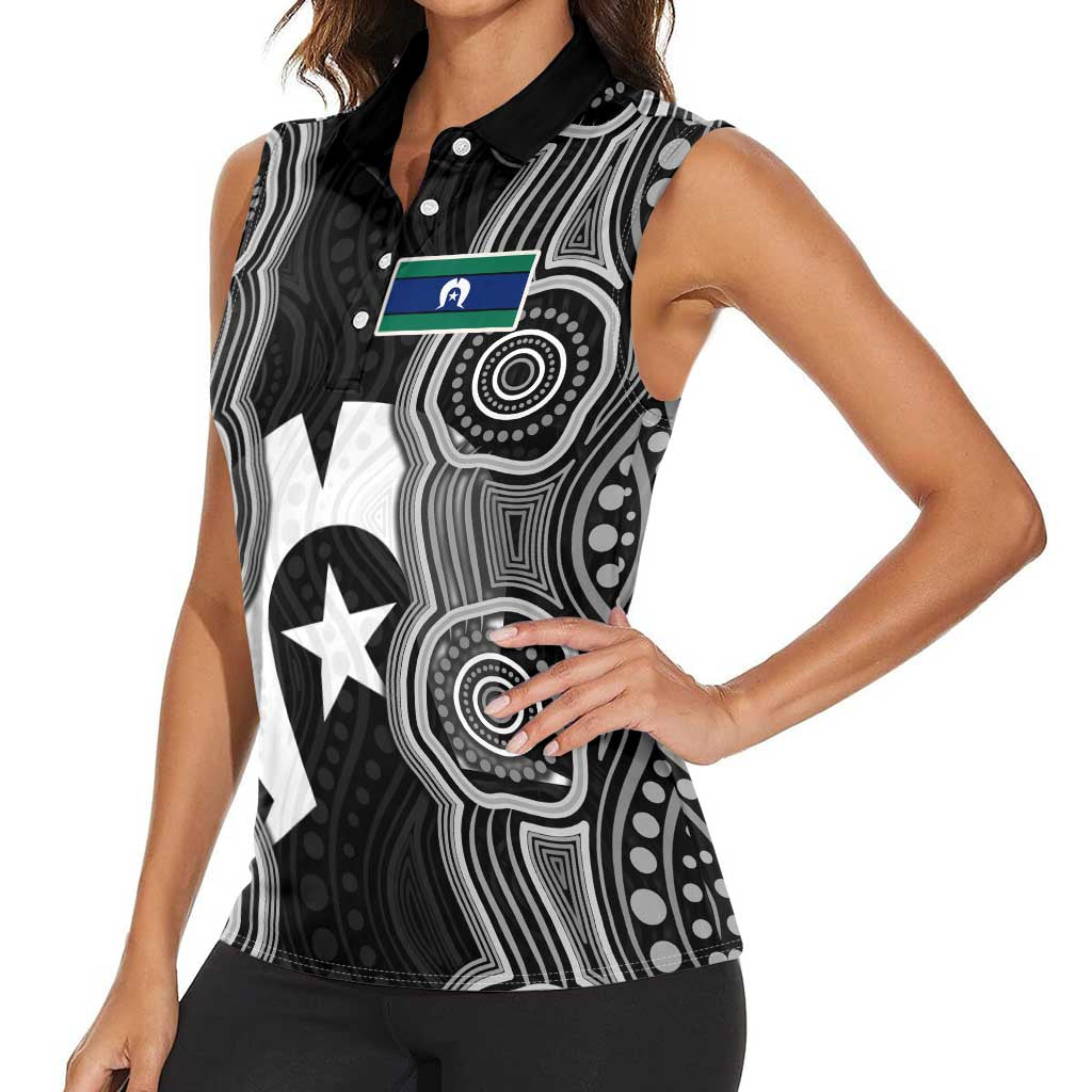 Torres Strait Islander Women Sleeveless Polo Shirt Flag Feather Headdress Indigenous Dotwork Tribal Art