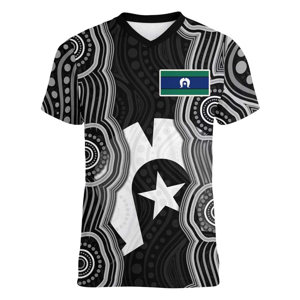 Torres Strait Islander Women V-Neck T-Shirt Flag Feather Headdress Indigenous Dotwork Tribal Art