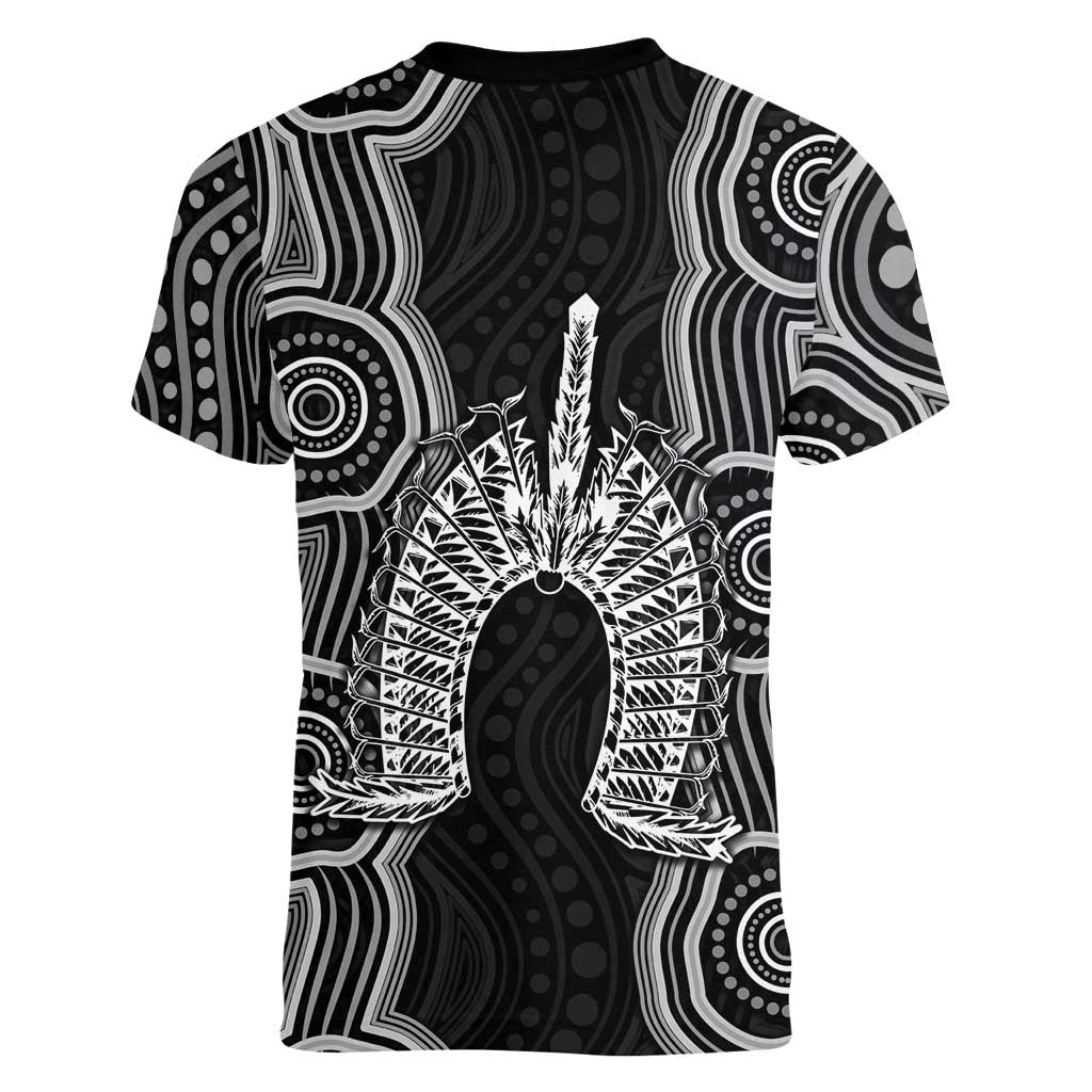 Torres Strait Islander Women V-Neck T-Shirt Flag Feather Headdress Indigenous Dotwork Tribal Art
