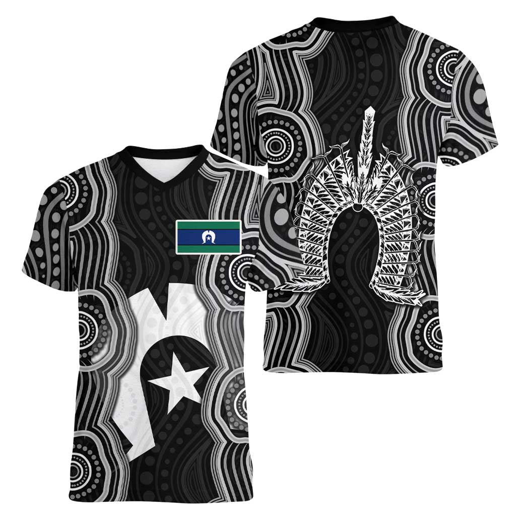 Torres Strait Islander Women V-Neck T-Shirt Flag Feather Headdress Indigenous Dotwork Tribal Art