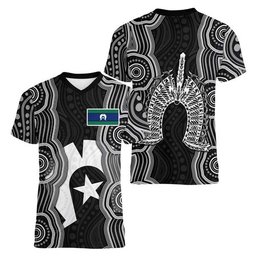 Torres Strait Islander Women V-Neck T-Shirt Flag Feather Headdress Indigenous Dotwork Tribal Art