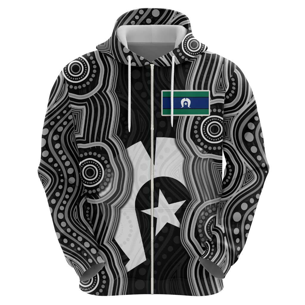 Torres Strait Islander Zip Hoodie Flag Feather Headdress Indigenous Dotwork Tribal Art