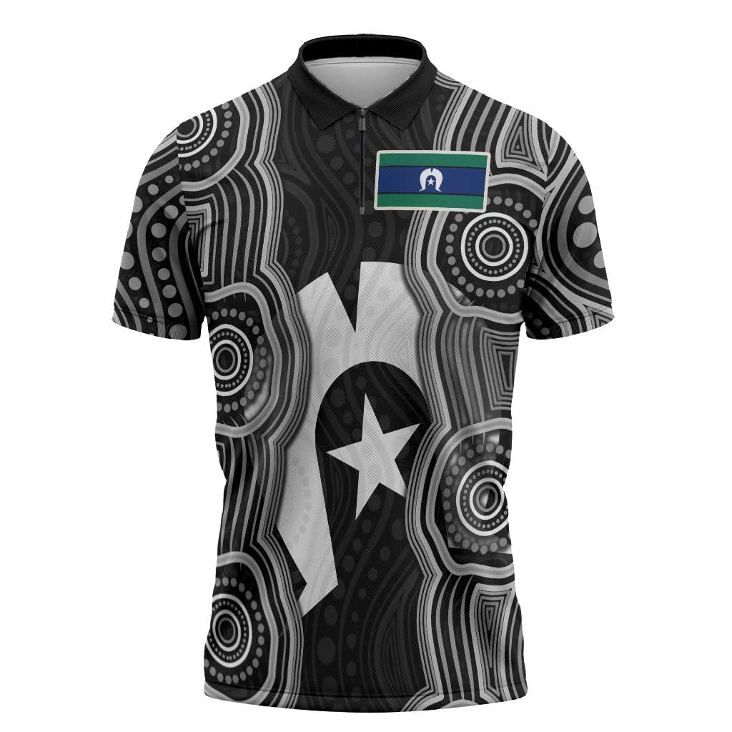 Torres Strait Islander Zipper Polo Shirt Flag Feather Headdress Indigenous Dotwork Tribal Art