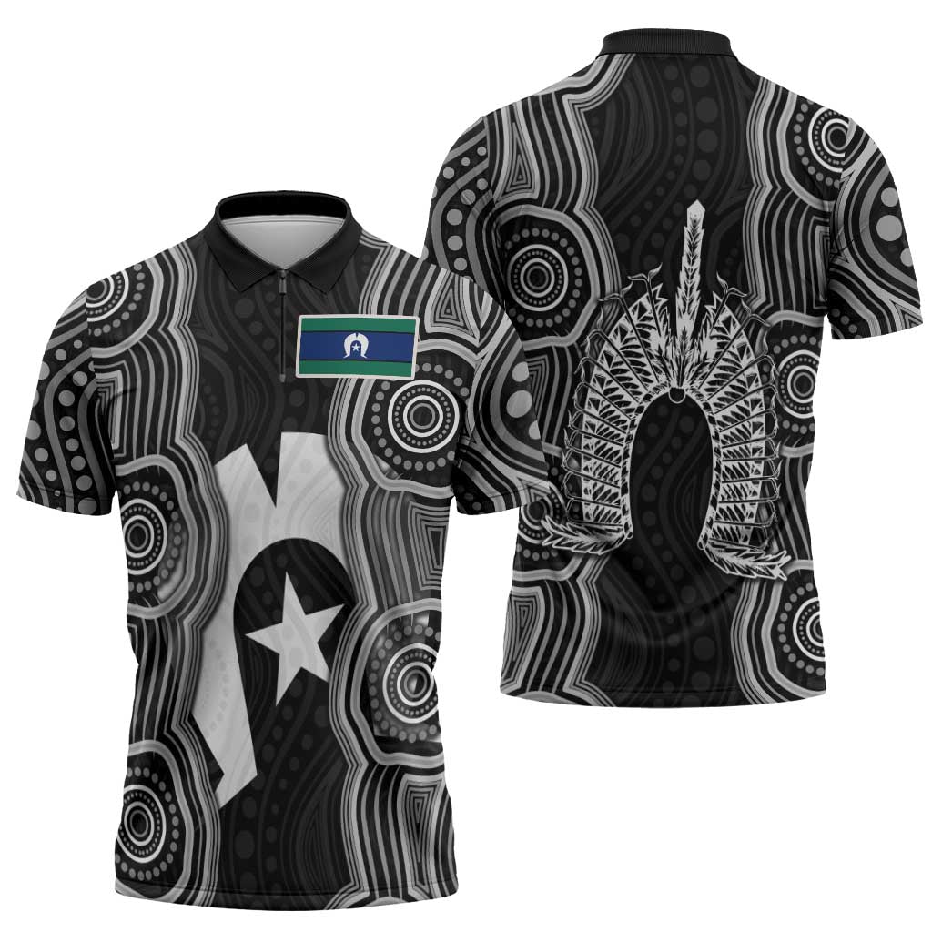 Torres Strait Islander Zipper Polo Shirt Flag Feather Headdress Indigenous Dotwork Tribal Art