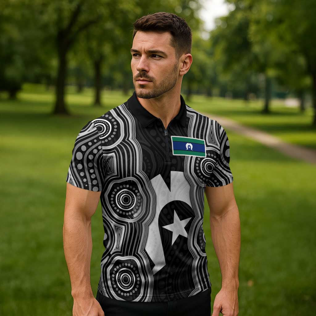 Torres Strait Islander Zipper Polo Shirt Flag Feather Headdress Indigenous Dotwork Tribal Art