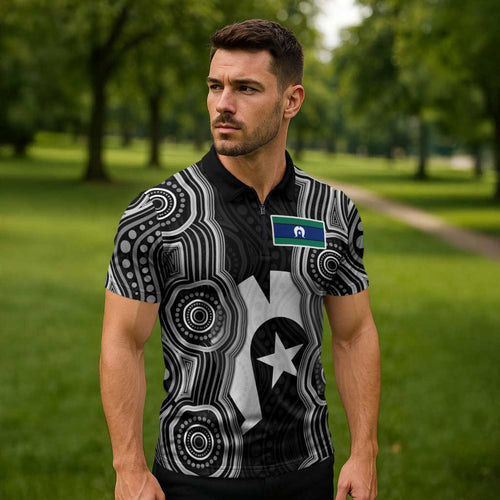 Torres Strait Islander Zipper Polo Shirt Flag Feather Headdress Indigenous Dotwork Tribal Art