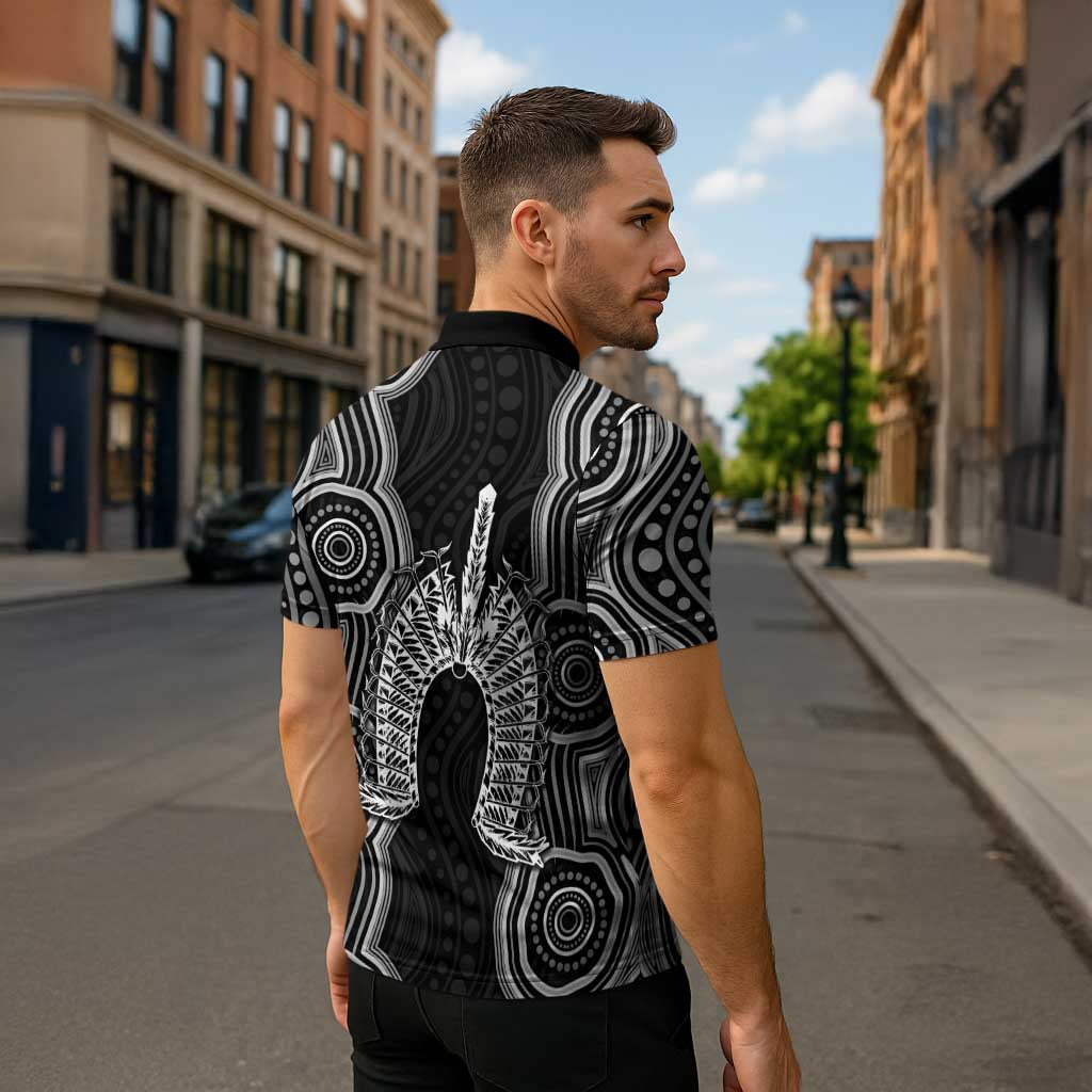 Torres Strait Islander Zipper Polo Shirt Flag Feather Headdress Indigenous Dotwork Tribal Art