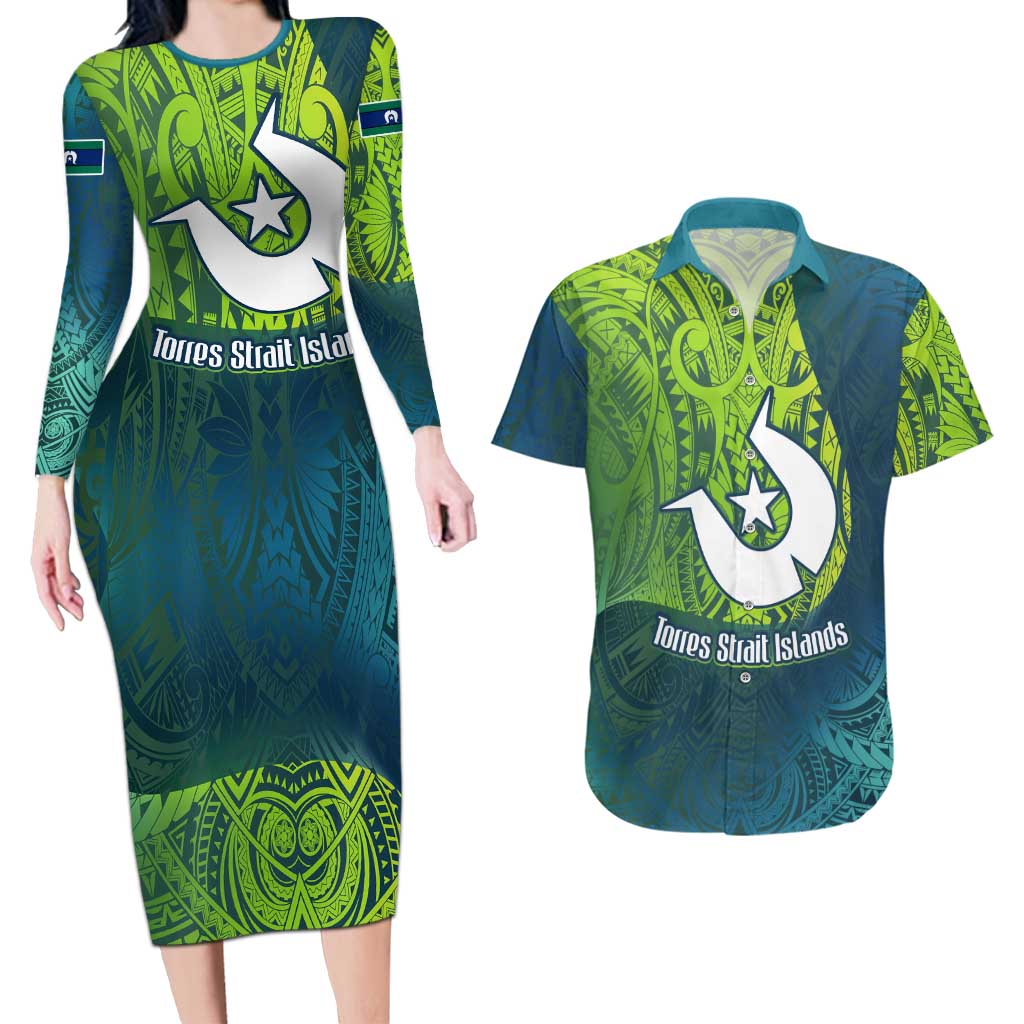 Torres Strait Islands Couples Matching Long Sleeve Bodycon Dress and Hawaiian Shirt Vibrant Polynesian Tribal Pattern Art