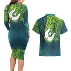 Torres Strait Islands Couples Matching Long Sleeve Bodycon Dress and Hawaiian Shirt Vibrant Polynesian Tribal Pattern Art