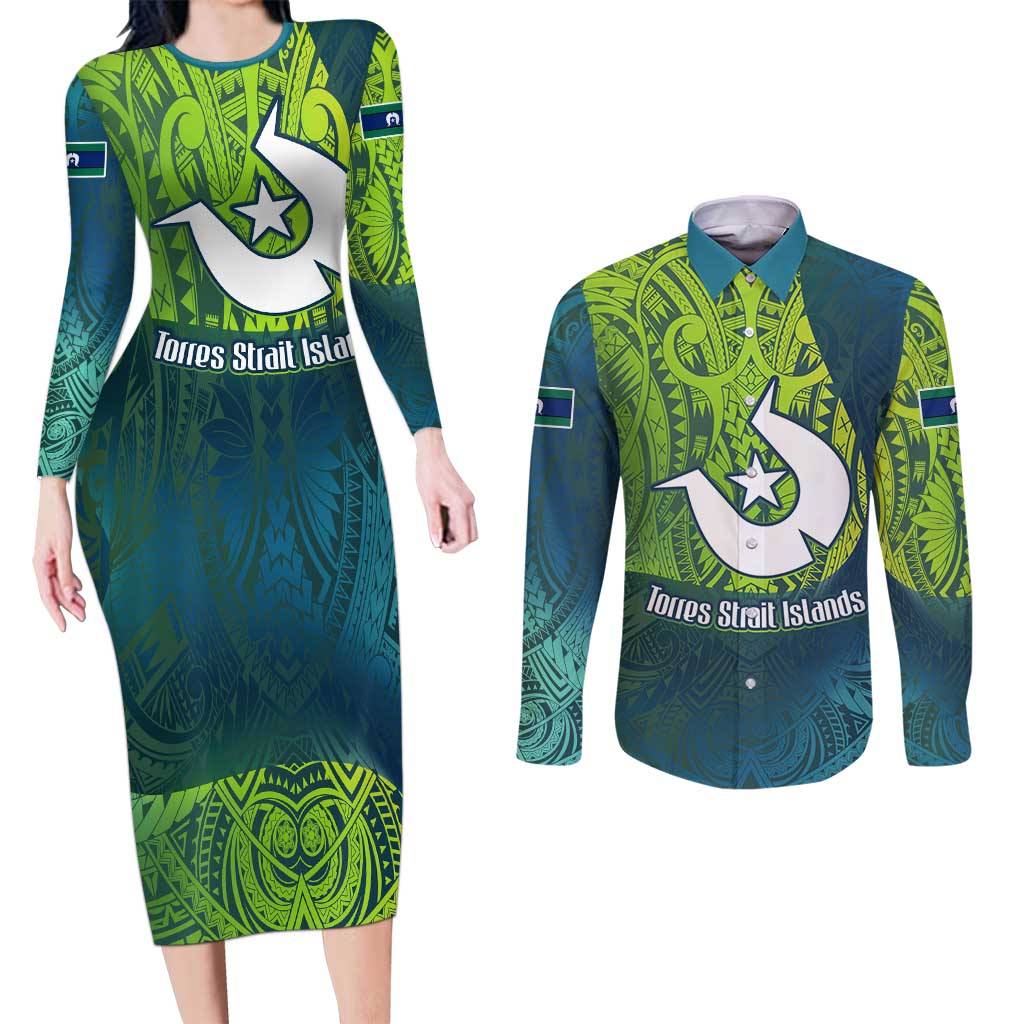 Torres Strait Islands Couples Matching Long Sleeve Bodycon Dress and Long Sleeve Button Shirt Vibrant Polynesian Tribal Pattern Art