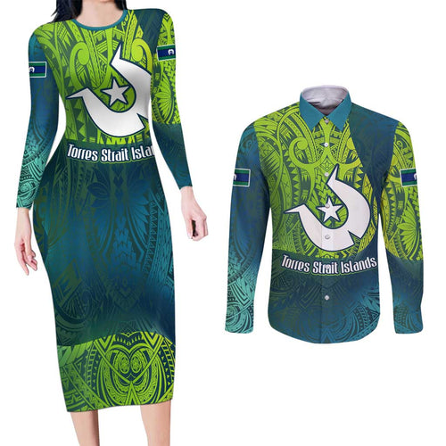 Torres Strait Islands Couples Matching Long Sleeve Bodycon Dress and Long Sleeve Button Shirt Vibrant Polynesian Tribal Pattern Art