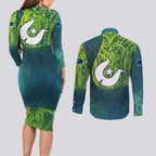 Torres Strait Islands Couples Matching Long Sleeve Bodycon Dress and Long Sleeve Button Shirt Vibrant Polynesian Tribal Pattern Art