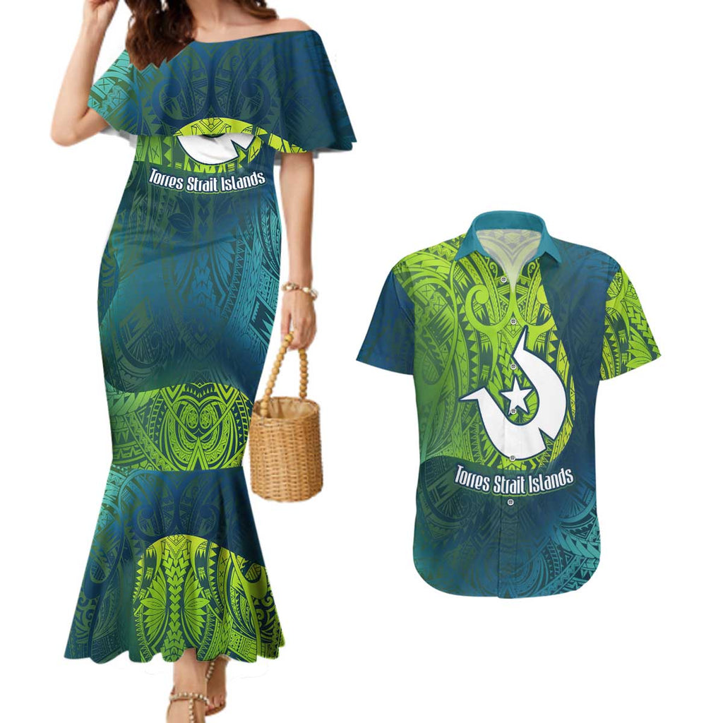 Torres Strait Islands Couples Matching Mermaid Dress and Hawaiian Shirt Vibrant Polynesian Tribal Pattern Art