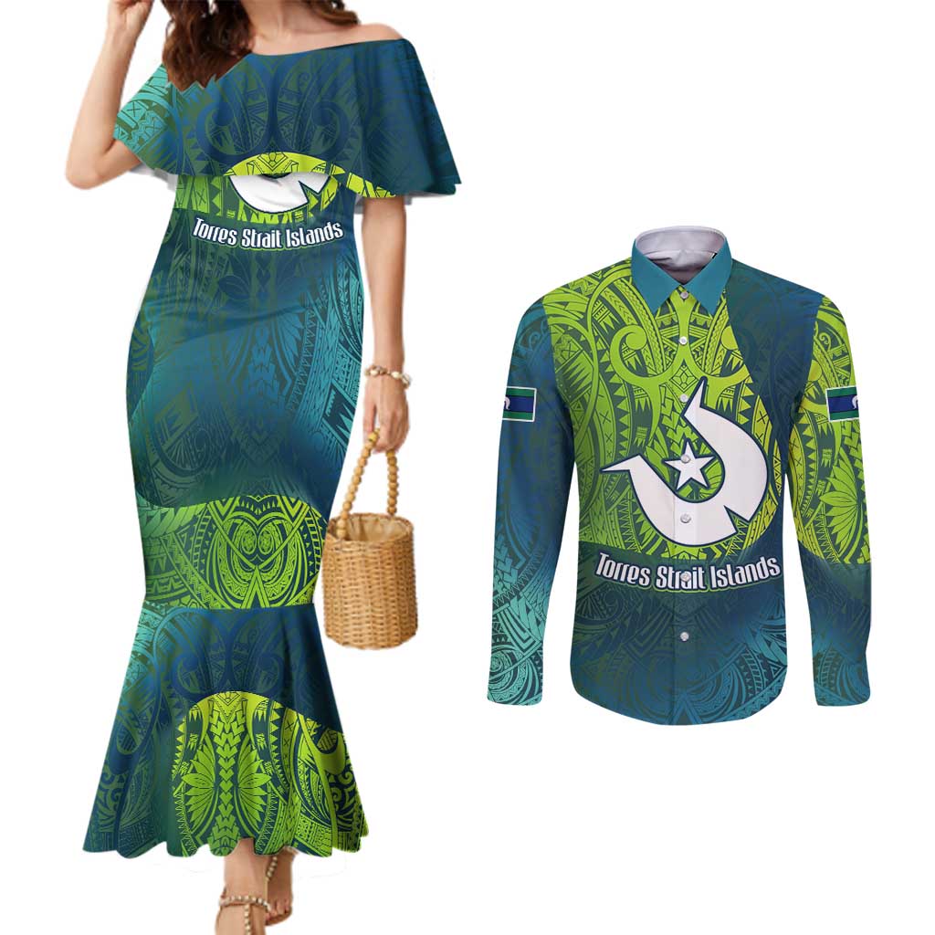 Torres Strait Islands Couples Matching Mermaid Dress and Long Sleeve Button Shirt Vibrant Polynesian Tribal Pattern Art