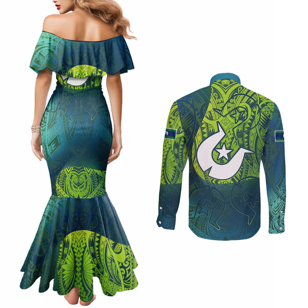 Torres Strait Islands Couples Matching Mermaid Dress and Long Sleeve Button Shirt Vibrant Polynesian Tribal Pattern Art