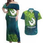 Torres Strait Islands Couples Matching Off Shoulder Maxi Dress and Hawaiian Shirt Vibrant Polynesian Tribal Pattern Art