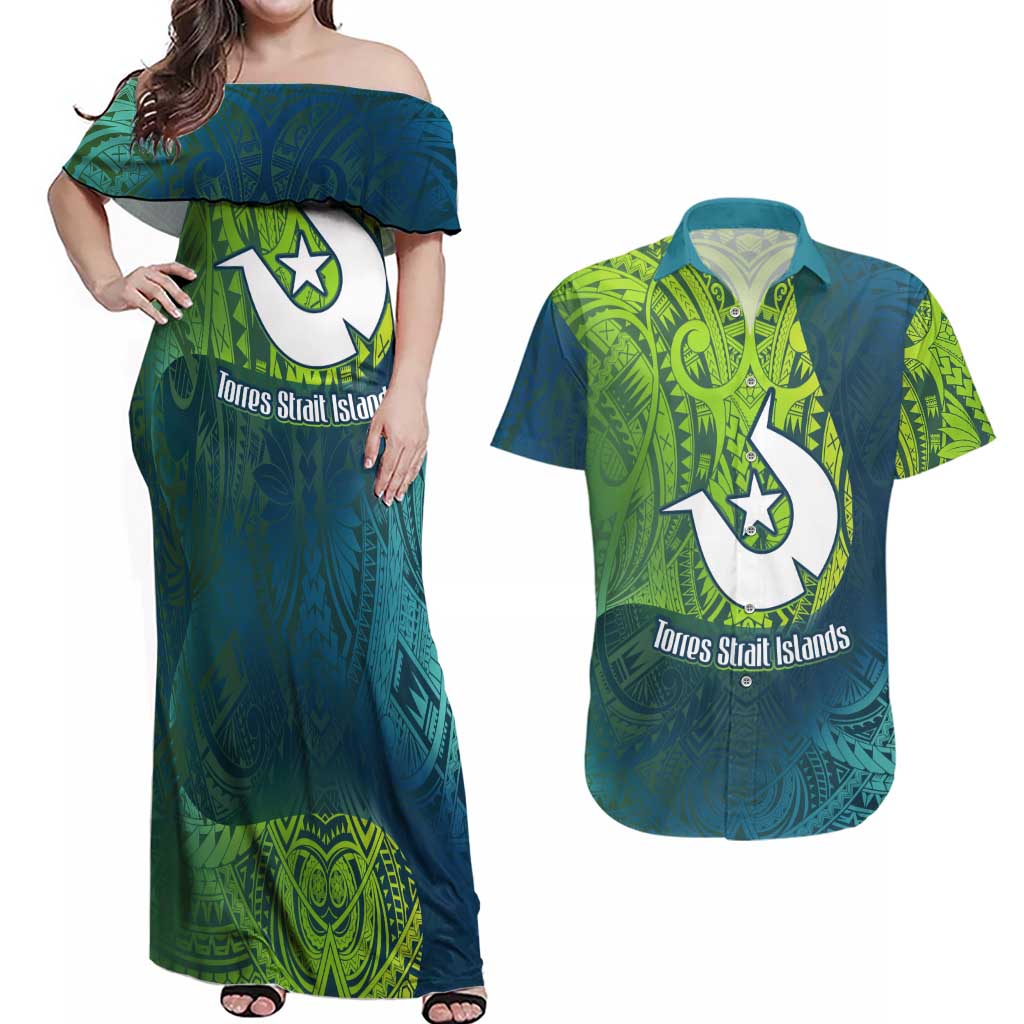Torres Strait Islands Couples Matching Off Shoulder Maxi Dress and Hawaiian Shirt Vibrant Polynesian Tribal Pattern Art