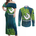 Torres Strait Islands Couples Matching Off Shoulder Maxi Dress and Long Sleeve Button Shirt Vibrant Polynesian Tribal Pattern Art