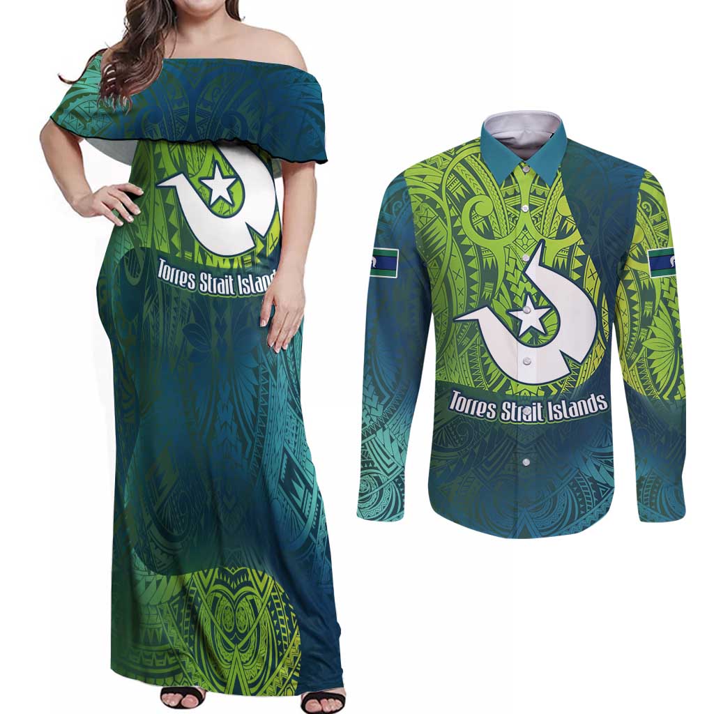 Torres Strait Islands Couples Matching Off Shoulder Maxi Dress and Long Sleeve Button Shirt Vibrant Polynesian Tribal Pattern Art