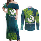 Torres Strait Islands Couples Matching Off Shoulder Maxi Dress and Long Sleeve Button Shirt Vibrant Polynesian Tribal Pattern Art