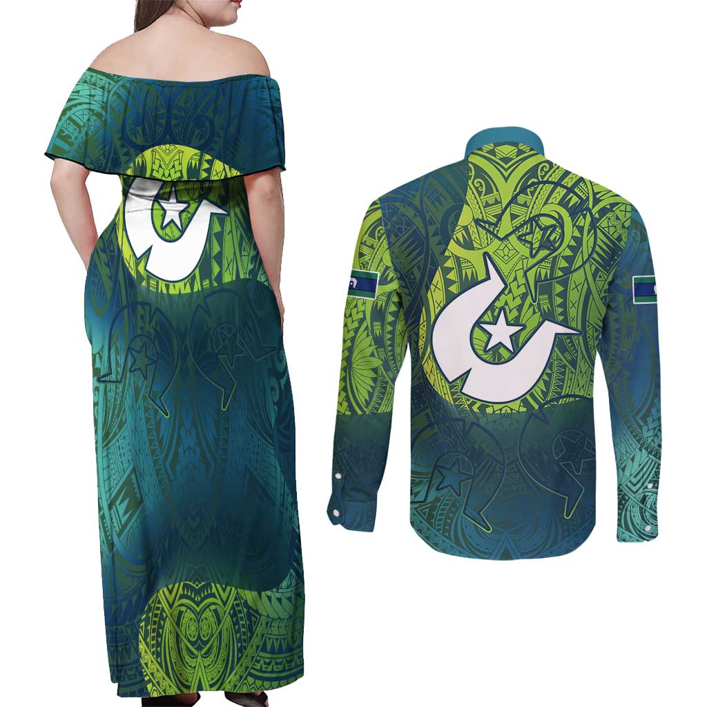 Torres Strait Islands Couples Matching Off Shoulder Maxi Dress and Long Sleeve Button Shirt Vibrant Polynesian Tribal Pattern Art