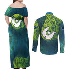 Torres Strait Islands Couples Matching Off Shoulder Maxi Dress and Long Sleeve Button Shirt Vibrant Polynesian Tribal Pattern Art