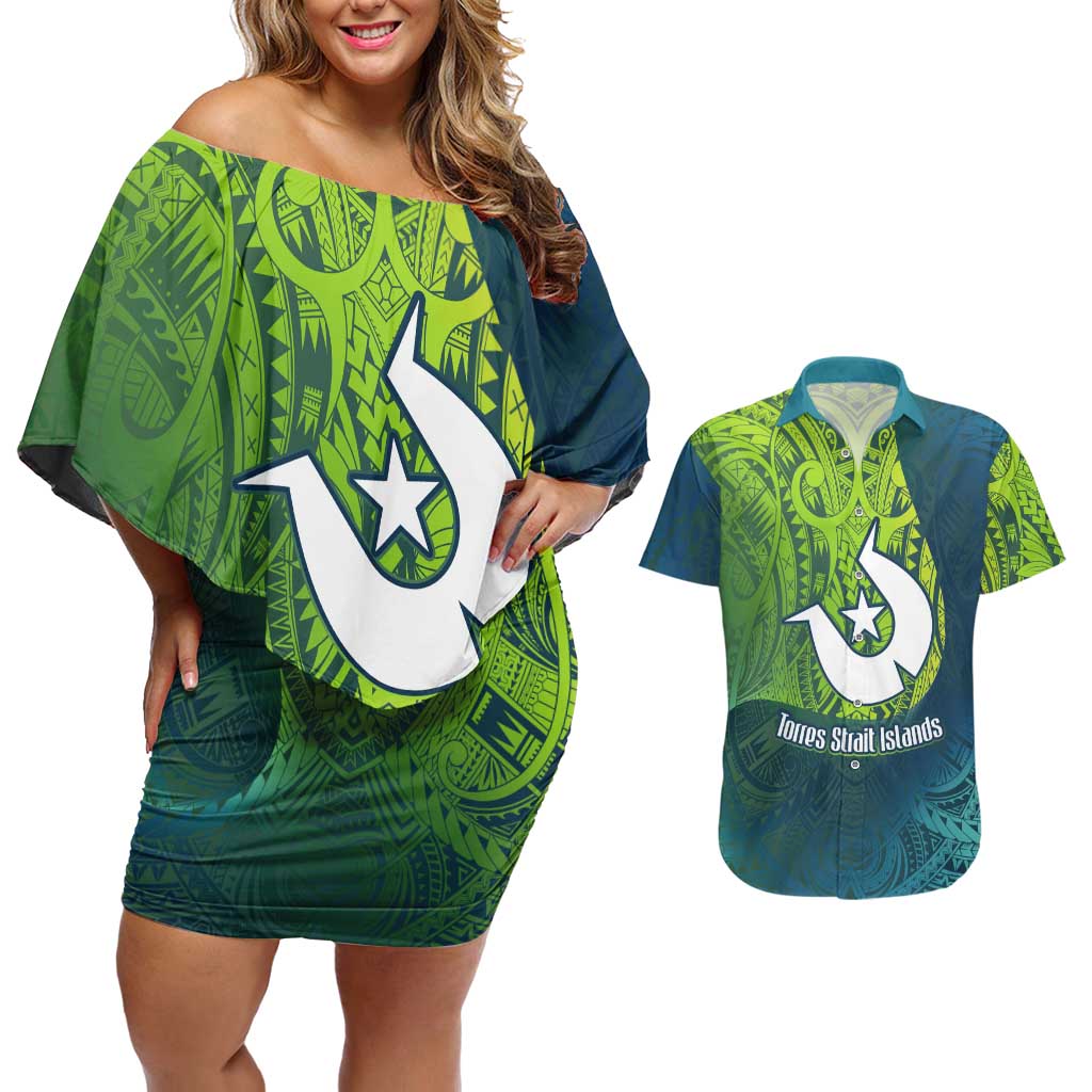 Torres Strait Islands Couples Matching Off Shoulder Short Dress and Hawaiian Shirt Vibrant Polynesian Tribal Pattern Art