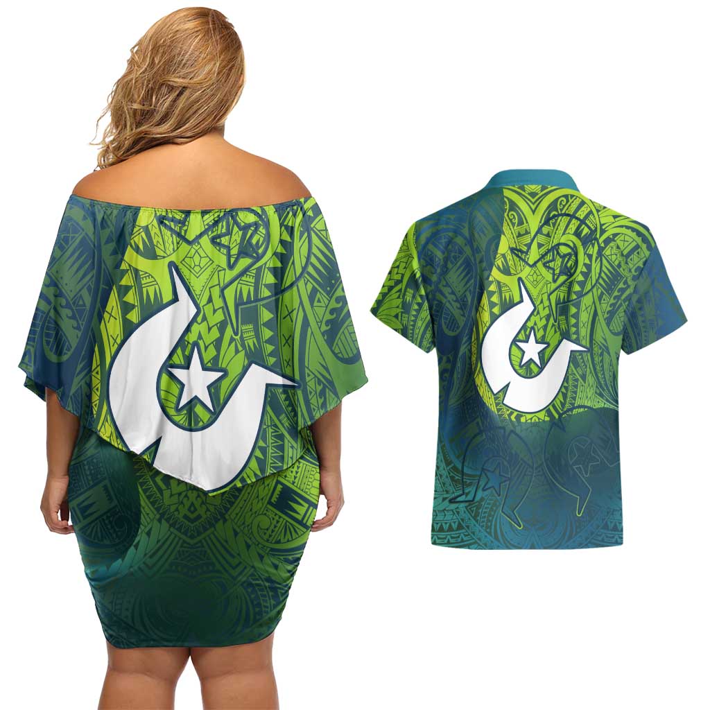 Torres Strait Islands Couples Matching Off Shoulder Short Dress and Hawaiian Shirt Vibrant Polynesian Tribal Pattern Art