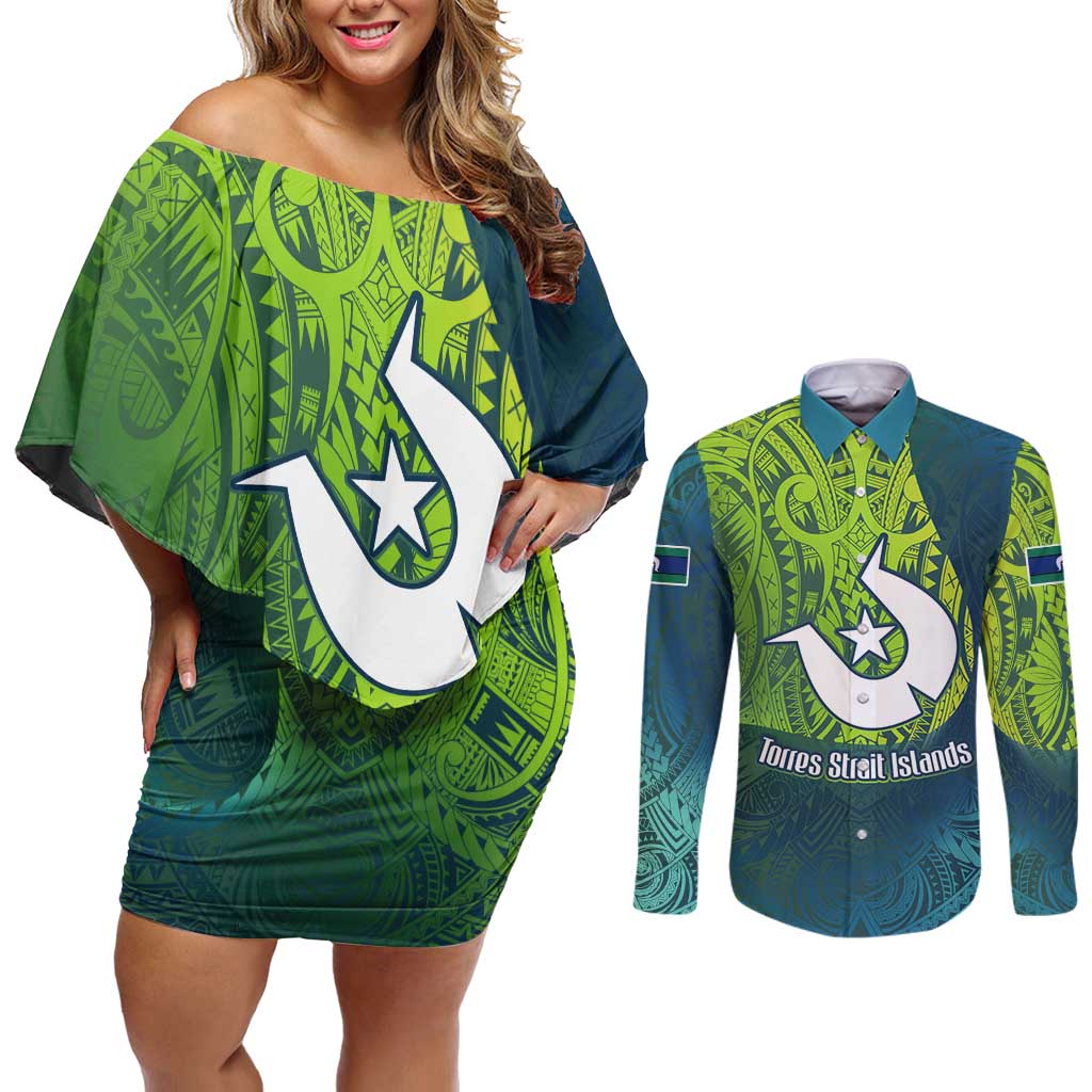 Torres Strait Islands Couples Matching Off Shoulder Short Dress and Long Sleeve Button Shirt Vibrant Polynesian Tribal Pattern Art