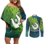 Torres Strait Islands Couples Matching Off Shoulder Short Dress and Long Sleeve Button Shirt Vibrant Polynesian Tribal Pattern Art