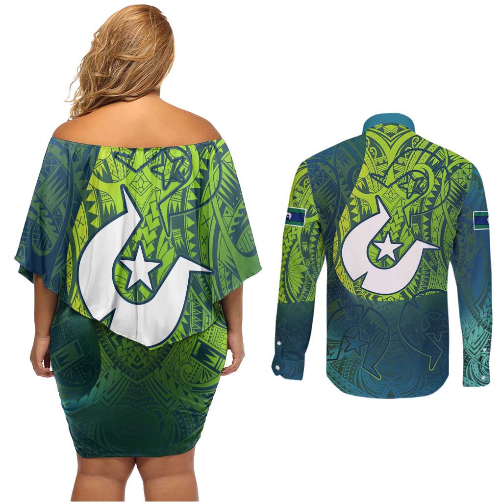 Torres Strait Islands Couples Matching Off Shoulder Short Dress and Long Sleeve Button Shirt Vibrant Polynesian Tribal Pattern Art