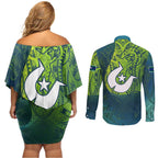 Torres Strait Islands Couples Matching Off Shoulder Short Dress and Long Sleeve Button Shirt Vibrant Polynesian Tribal Pattern Art