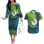 Torres Strait Islands Couples Matching Off The Shoulder Long Sleeve Dress and Hawaiian Shirt Vibrant Polynesian Tribal Pattern Art