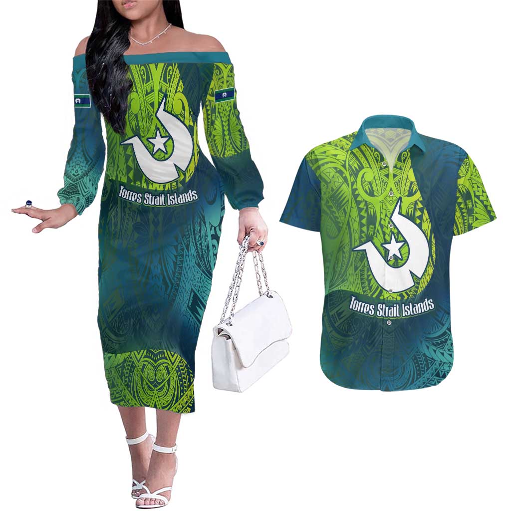 Torres Strait Islands Couples Matching Off The Shoulder Long Sleeve Dress and Hawaiian Shirt Vibrant Polynesian Tribal Pattern Art