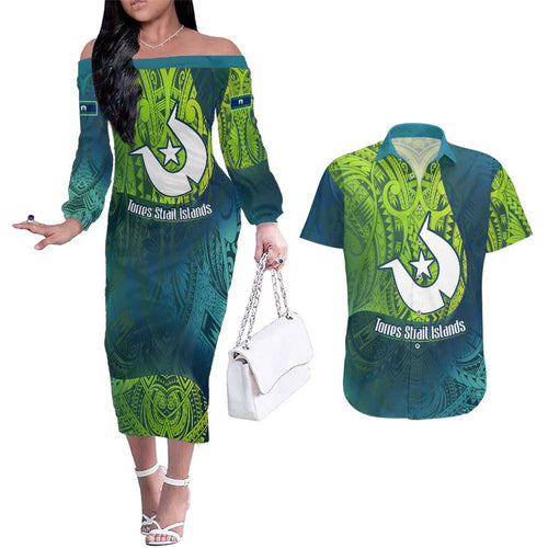 Torres Strait Islands Couples Matching Off The Shoulder Long Sleeve Dress and Hawaiian Shirt Vibrant Polynesian Tribal Pattern Art
