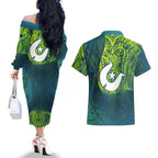Torres Strait Islands Couples Matching Off The Shoulder Long Sleeve Dress and Hawaiian Shirt Vibrant Polynesian Tribal Pattern Art