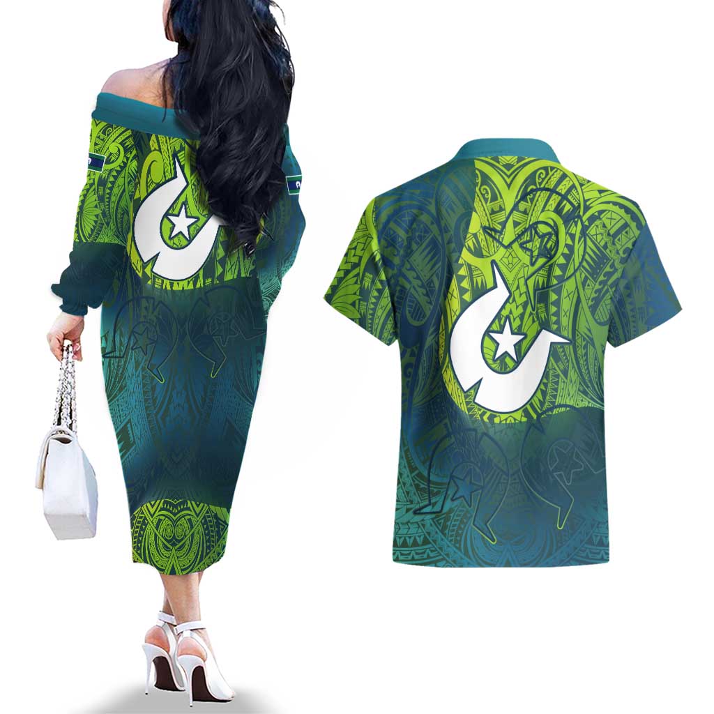 Torres Strait Islands Couples Matching Off The Shoulder Long Sleeve Dress and Hawaiian Shirt Vibrant Polynesian Tribal Pattern Art