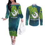 Torres Strait Islands Couples Matching Off The Shoulder Long Sleeve Dress and Long Sleeve Button Shirt Vibrant Polynesian Tribal Pattern Art
