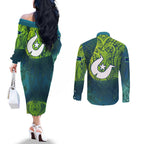 Torres Strait Islands Couples Matching Off The Shoulder Long Sleeve Dress and Long Sleeve Button Shirt Vibrant Polynesian Tribal Pattern Art