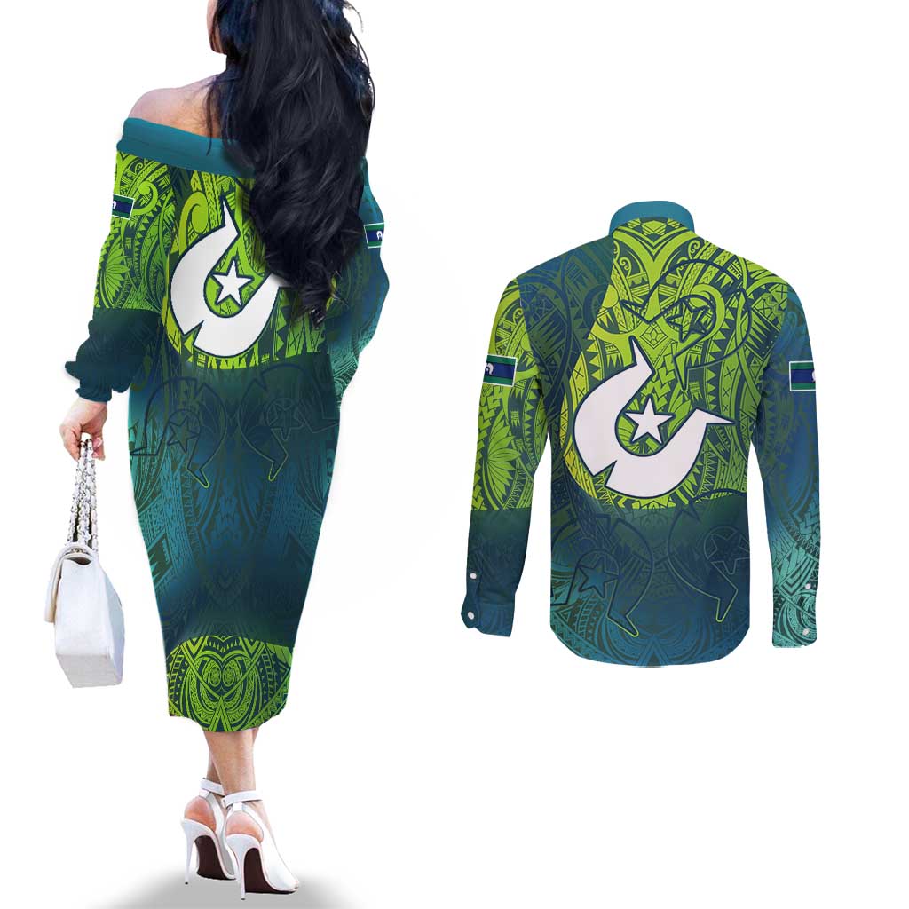 Torres Strait Islands Couples Matching Off The Shoulder Long Sleeve Dress and Long Sleeve Button Shirt Vibrant Polynesian Tribal Pattern Art
