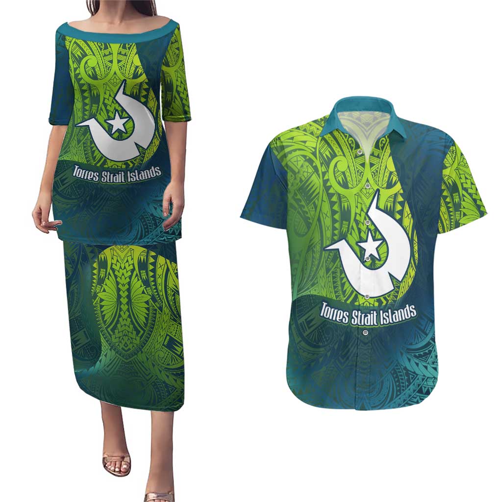 Torres Strait Islands Couples Matching Puletasi and Hawaiian Shirt Vibrant Polynesian Tribal Pattern Art