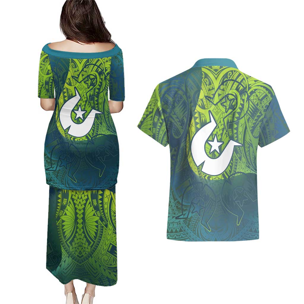 Torres Strait Islands Couples Matching Puletasi and Hawaiian Shirt Vibrant Polynesian Tribal Pattern Art