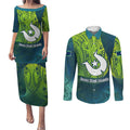 Torres Strait Islands Couples Matching Puletasi and Long Sleeve Button Shirt Vibrant Polynesian Tribal Pattern Art