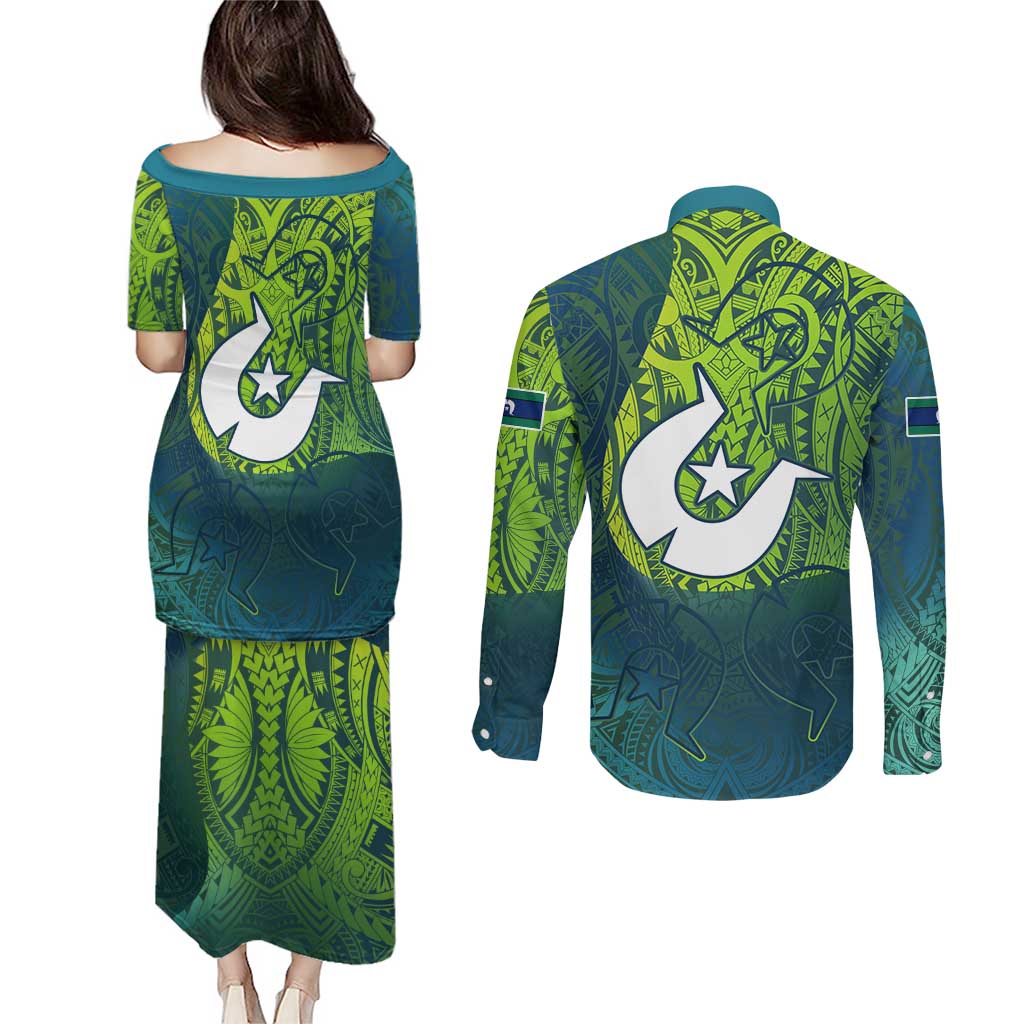 Torres Strait Islands Couples Matching Puletasi and Long Sleeve Button Shirt Vibrant Polynesian Tribal Pattern Art