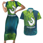 Torres Strait Islands Couples Matching Short Sleeve Bodycon Dress and Hawaiian Shirt Vibrant Polynesian Tribal Pattern Art