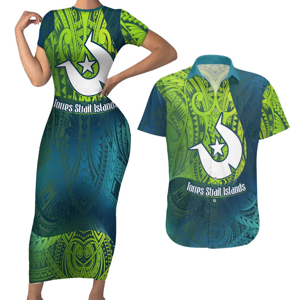 Torres Strait Islands Couples Matching Short Sleeve Bodycon Dress and Hawaiian Shirt Vibrant Polynesian Tribal Pattern Art