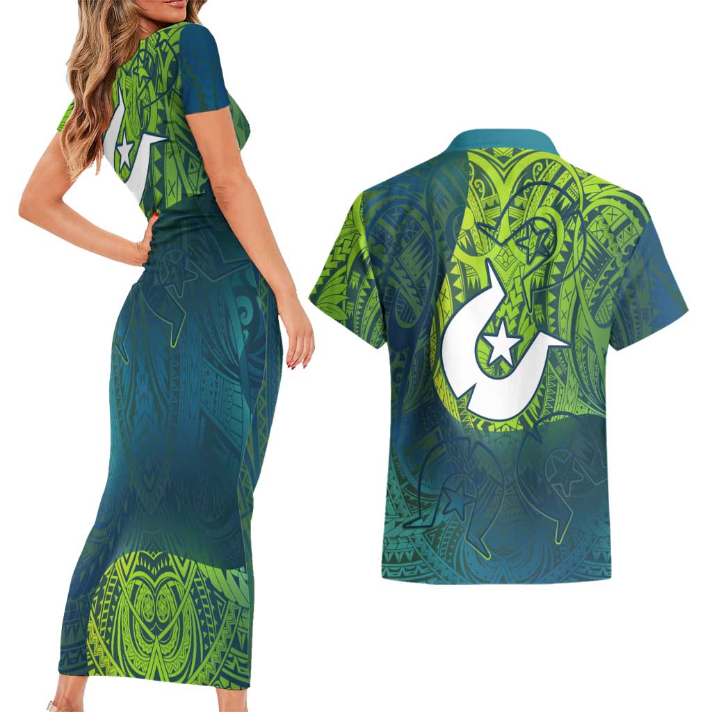 Torres Strait Islands Couples Matching Short Sleeve Bodycon Dress and Hawaiian Shirt Vibrant Polynesian Tribal Pattern Art